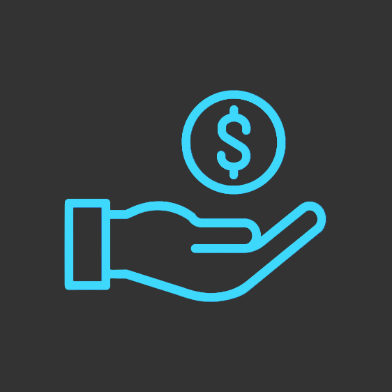 Blue outline of a hand holding a dollar sign icon on a dark blue background