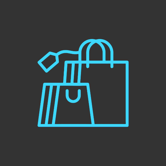 Blue outline of a shopping bag and a cap on a dark blue background